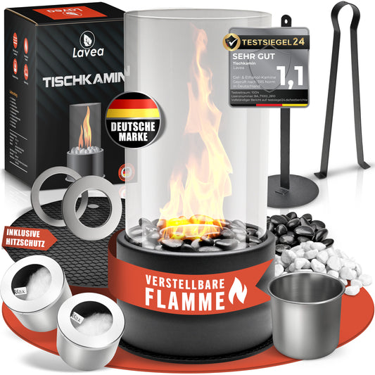 Tischkamin mit durch Ring verstellbare Flamme - mit zwei Steinarten