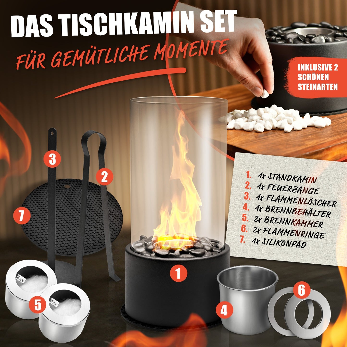 Tischkamin mit durch Ring verstellbare Flamme - mit zwei Steinarten