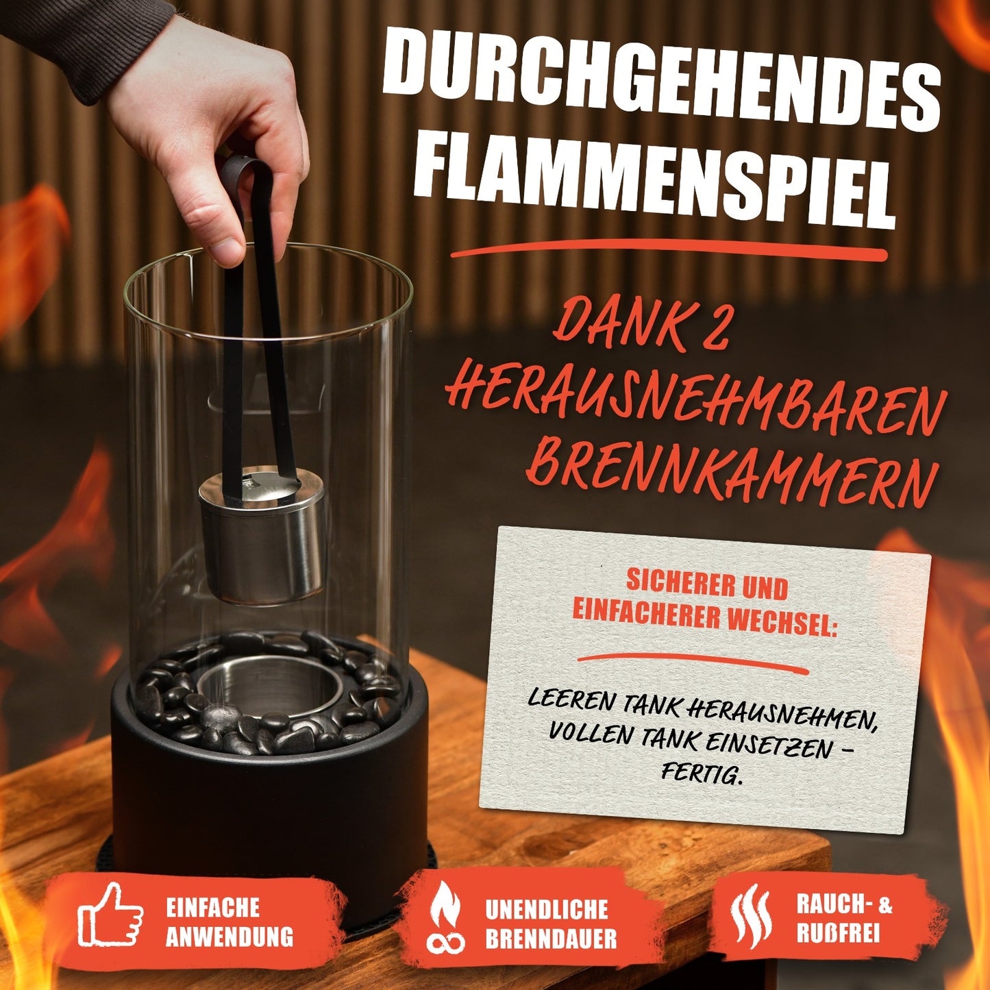 Tischkamin mit durch Ring verstellbare Flamme - mit zwei Steinarten