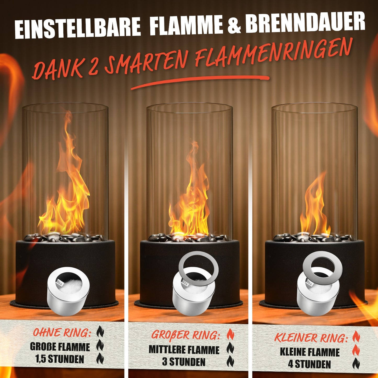 Tischkamin mit durch Ring verstellbare Flamme - mit zwei Steinarten