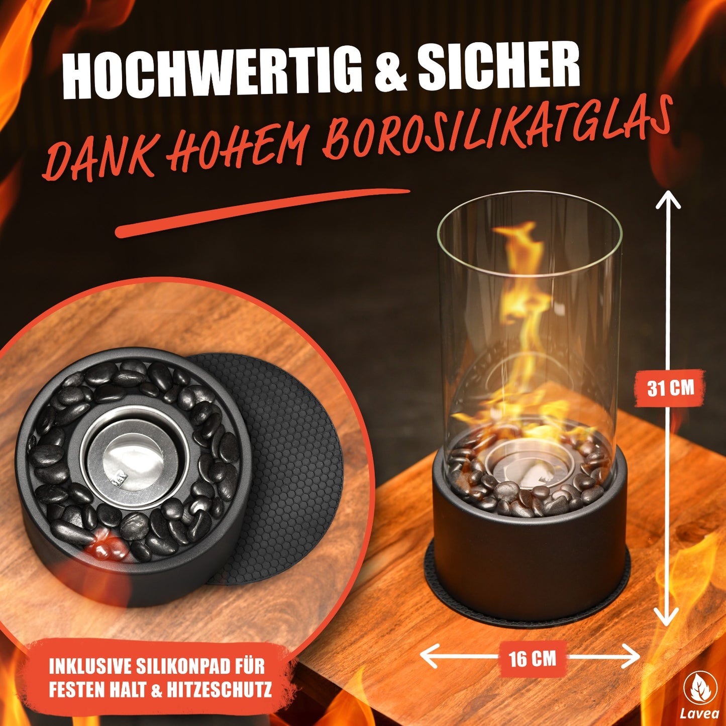Tischkamin mit durch Ring verstellbare Flamme - mit zwei Steinarten