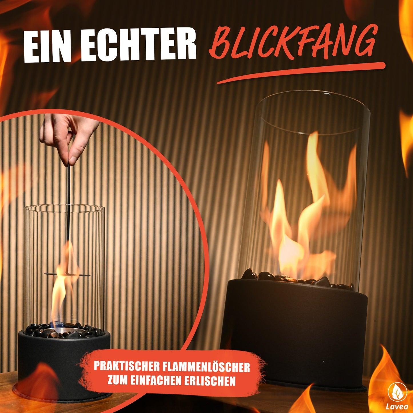 Tischkamin mit durch Ring verstellbare Flamme - mit zwei Steinarten